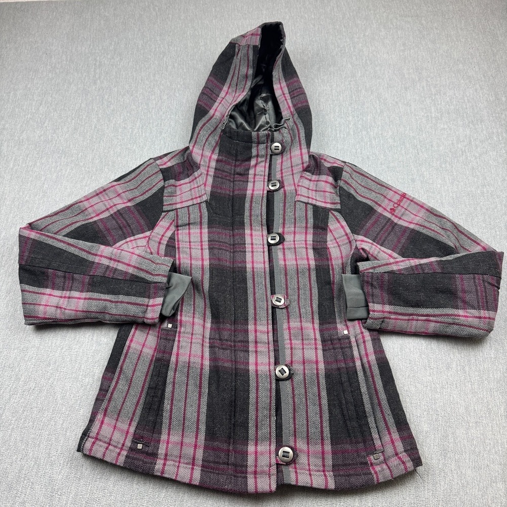 Columbia Jacket Womens Medium Pink‎ Black Plaid Hooded Omni Shield Button Up